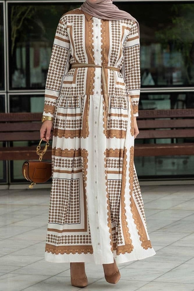 Orianna Scarf-print Maxi Dress with Front Button Fastening Breastfeeding Friendly and Long Sleeved in yellow, view 7