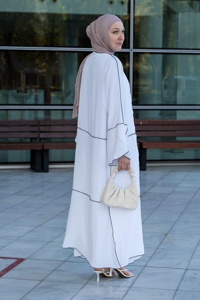 Noraa Three Piece Maxi Abaya in White with Contrast Black Piping, view 17