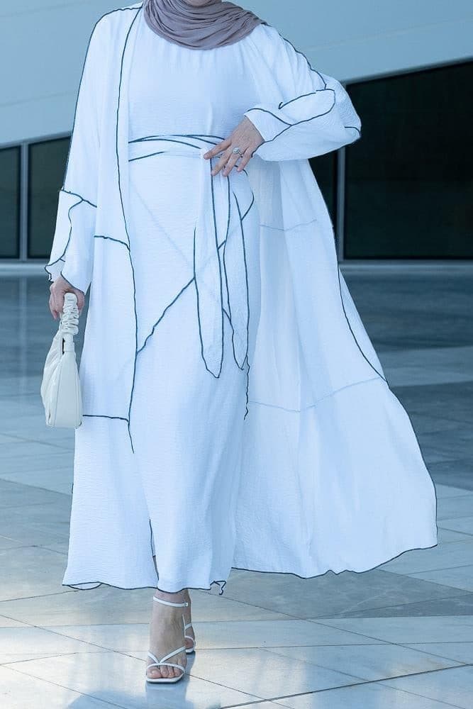 Noraa Three Piece Maxi Abaya in White with Contrast Black Piping, view 13