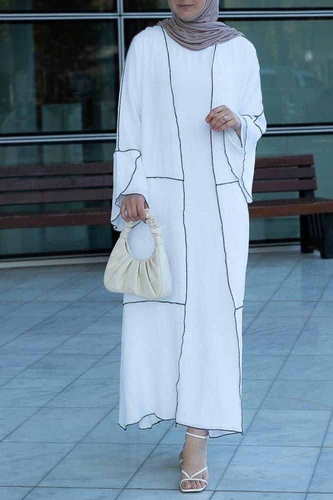 Noraa Three Piece Maxi Abaya in White with Contrast Black Piping, view 6