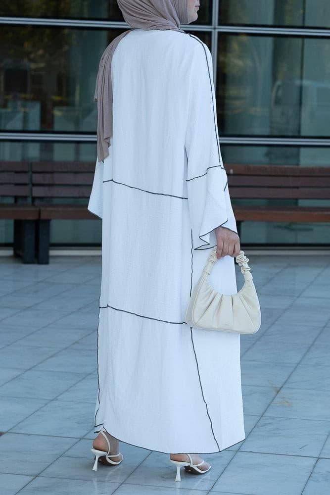 Noraa Three Piece Maxi Abaya in White with Contrast Black Piping, view 4
