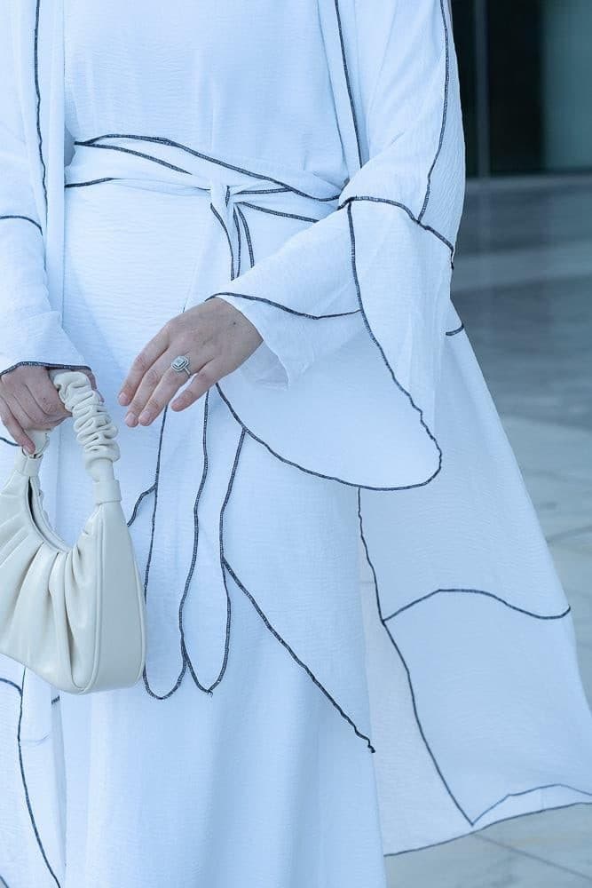 Noraa Three Piece Maxi Abaya in White with Contrast Black Piping, view 15