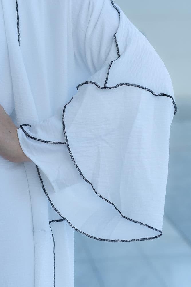 Noraa Three Piece Maxi Abaya in White with Contrast Black Piping, view 10