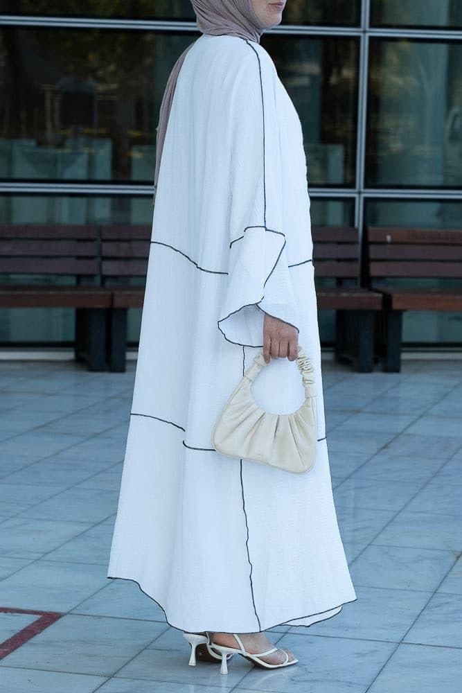 Noraa Three Piece Maxi Abaya in White with Contrast Black Piping, view 12