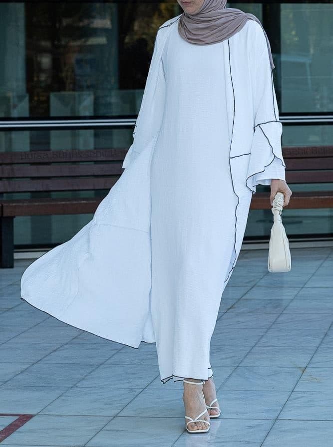 Noraa Three Piece Maxi Abaya in White with Contrast Black Piping, view 9