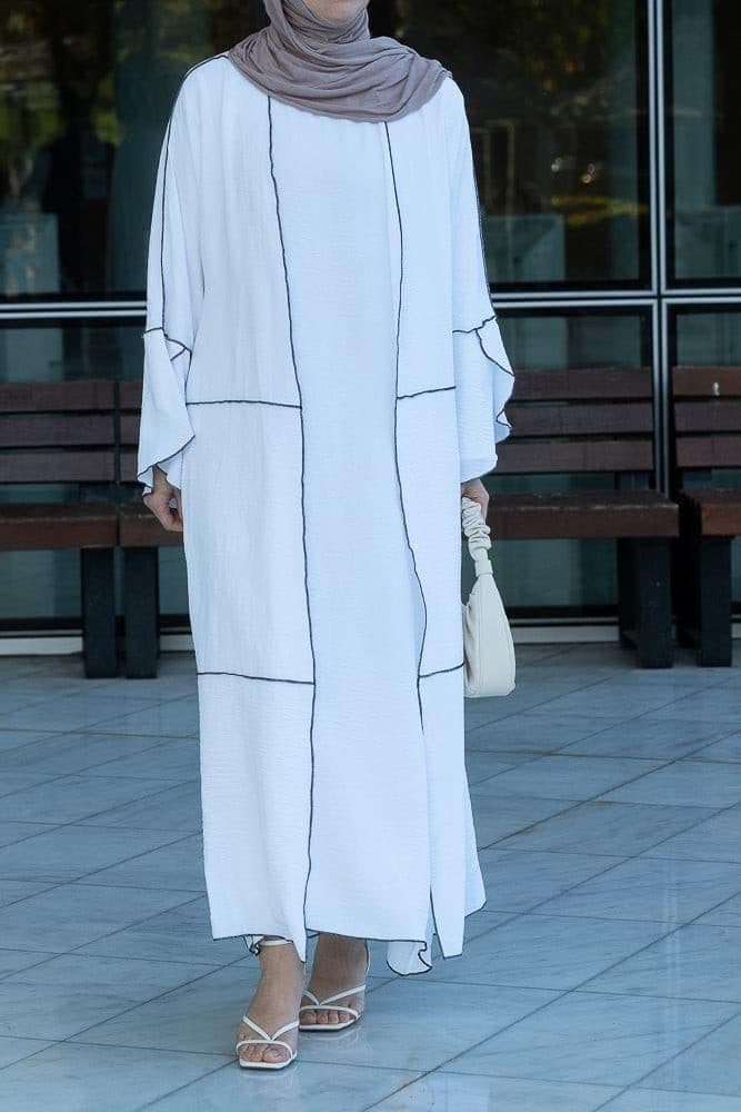 Noraa Three Piece Maxi Abaya in White with Contrast Black Piping, view 8