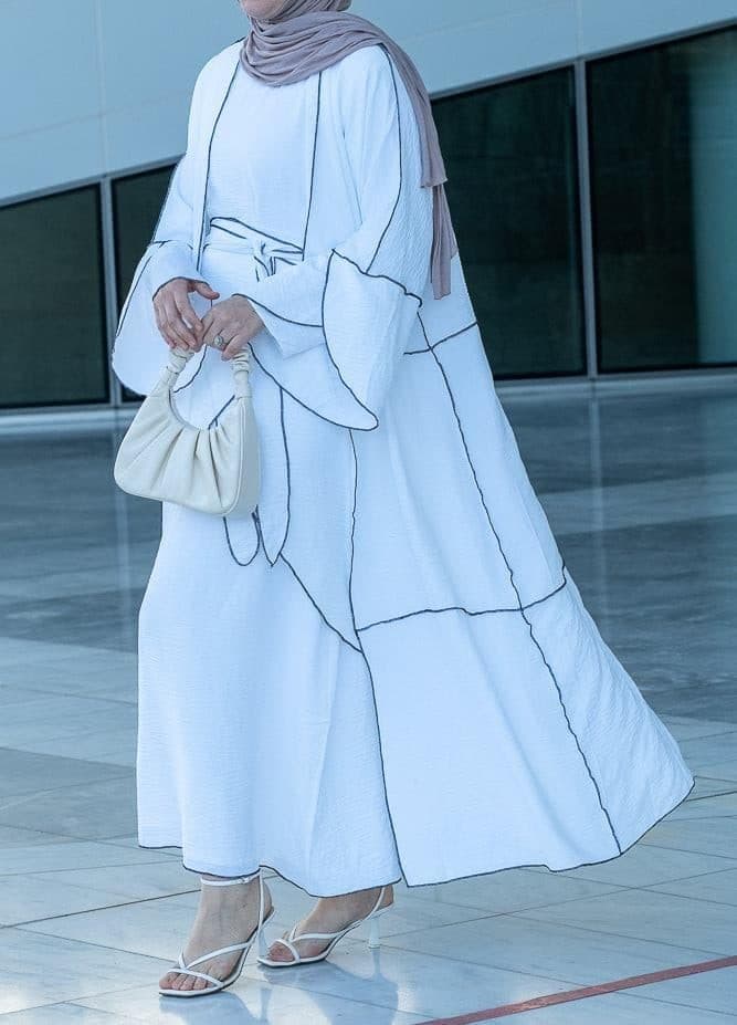 Noraa Three Piece Maxi Abaya in White with Contrast Black Piping, view 14