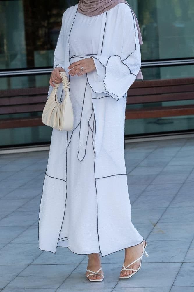 Noraa Three Piece Maxi Abaya in White with Contrast Black Piping, view 18