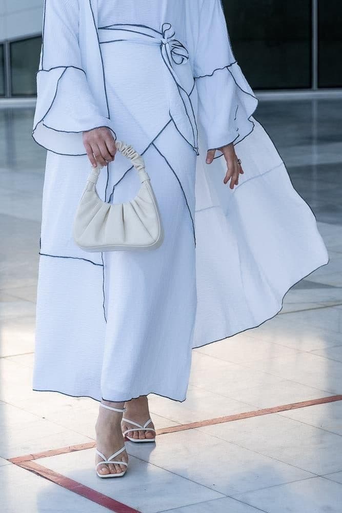 Noraa Three Piece Maxi Abaya in White with Contrast Black Piping, view 20