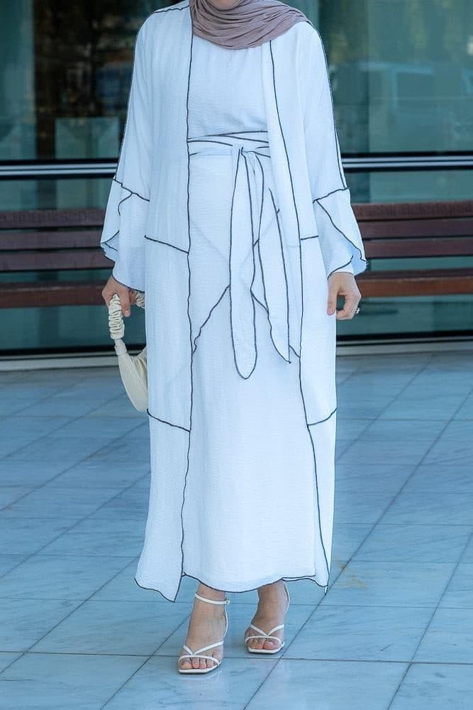 Noraa Three Piece Maxi Abaya in White with Contrast Black Piping, view 5