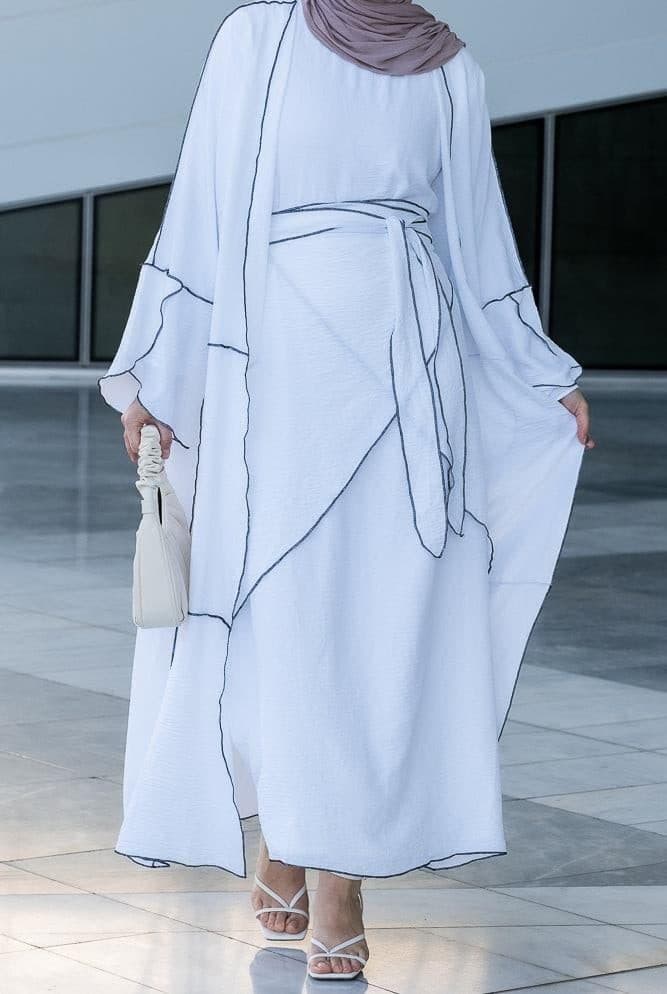 Noraa Three Piece Maxi Abaya in White with Contrast Black Piping, view 19