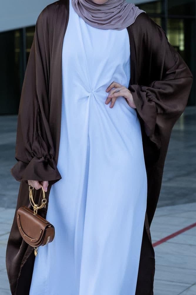 Loves Open Front Maxi Satin Abaya Throw Over in Chocolate Brown in coffee, view 17