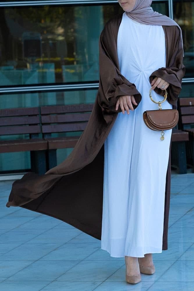Loves Open Front Maxi Satin Abaya Throw Over in Chocolate Brown in coffee, view 4