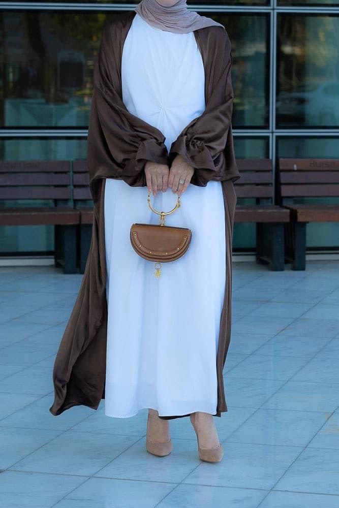 Loves Open Front Maxi Satin Abaya Throw Over in Chocolate Brown in coffee, view 6