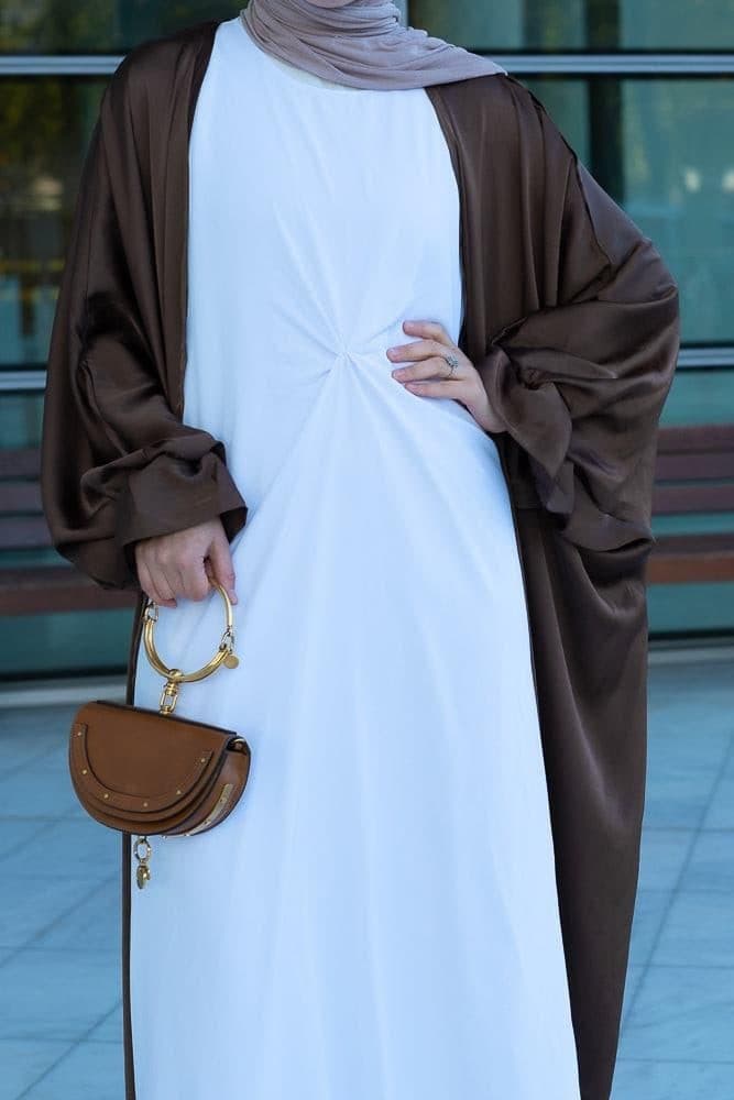 Loves Open Front Maxi Satin Abaya Throw Over in Chocolate Brown in coffee, view 3