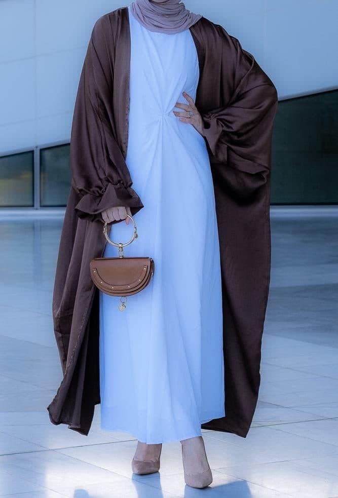 Loves Open Front Maxi Satin Abaya Throw Over in Chocolate Brown in coffee, view 8