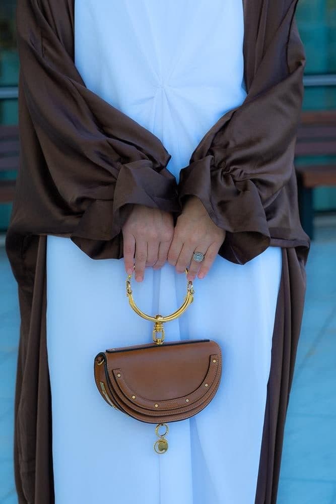 Loves Open Front Maxi Satin Abaya Throw Over in Chocolate Brown in coffee, view 5