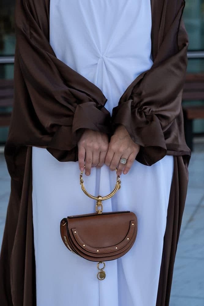 Loves Open Front Maxi Satin Abaya Throw Over in Chocolate Brown in coffee, view 10