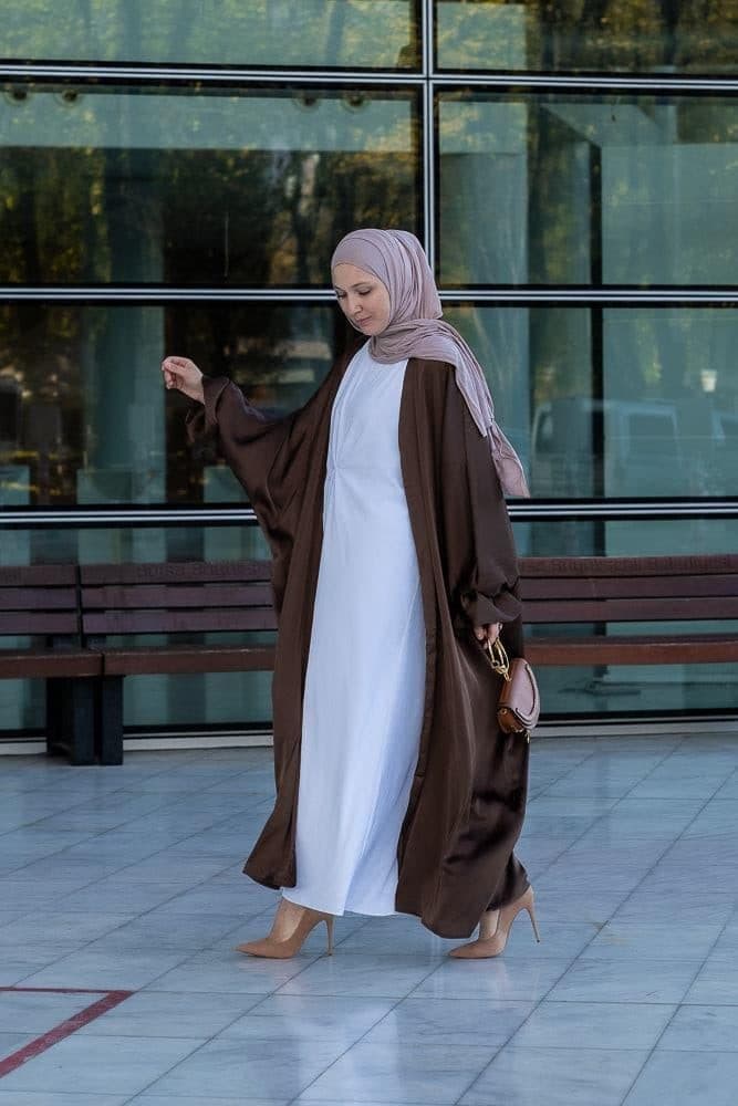 Loves Open Front Maxi Satin Abaya Throw Over in Chocolate Brown in coffee, view 15