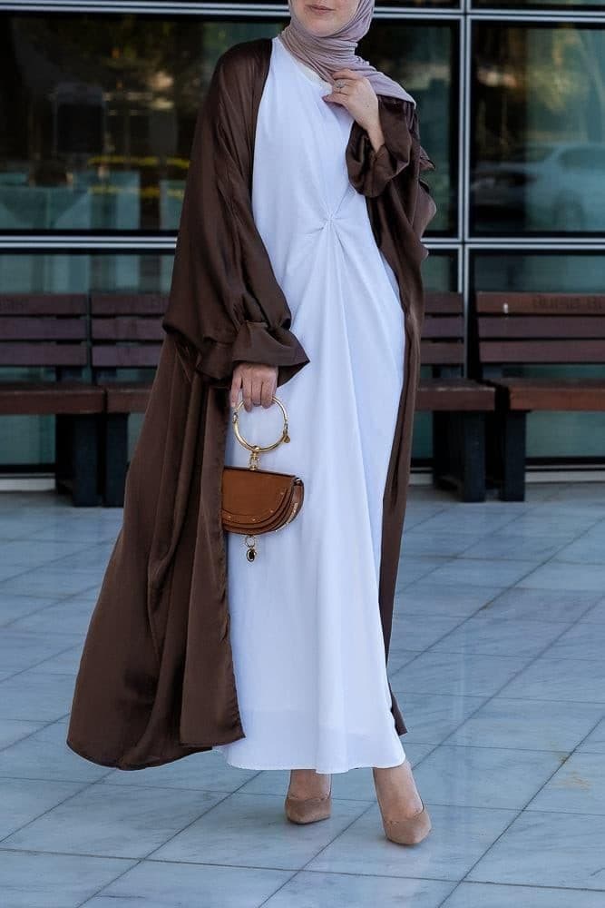Loves Open Front Maxi Satin Abaya Throw Over in Chocolate Brown in coffee, view 12