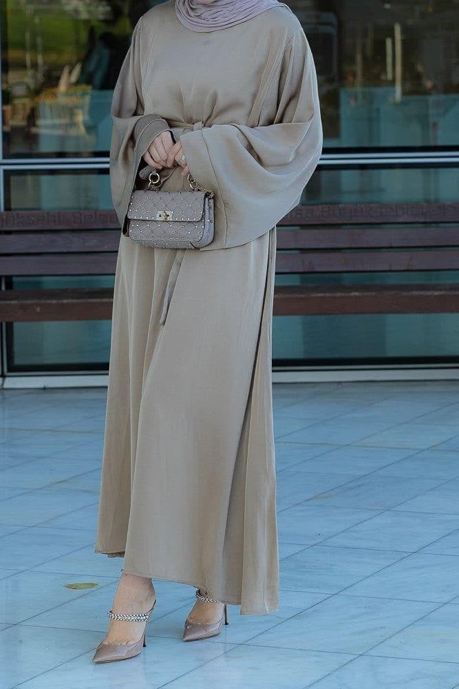 Elyna Plain Lightweight Abaya with Kimono Long Sleeve and Belt in Khaki Brown, view 6