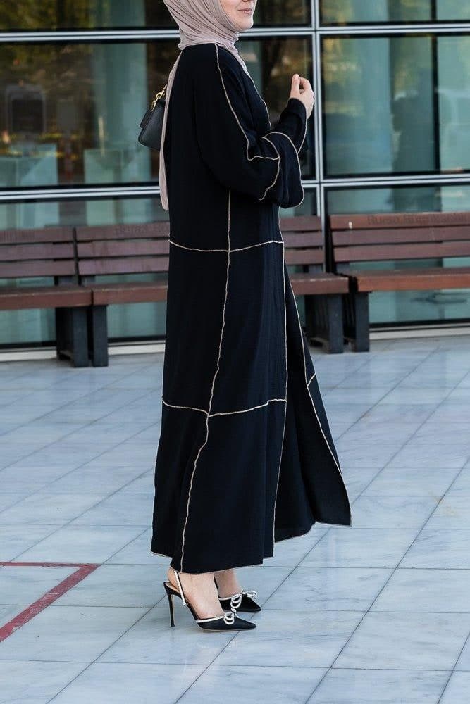 Audria Black Three Piece Lightweight Maxi Abaya with Brown Contrast Piping, view 19