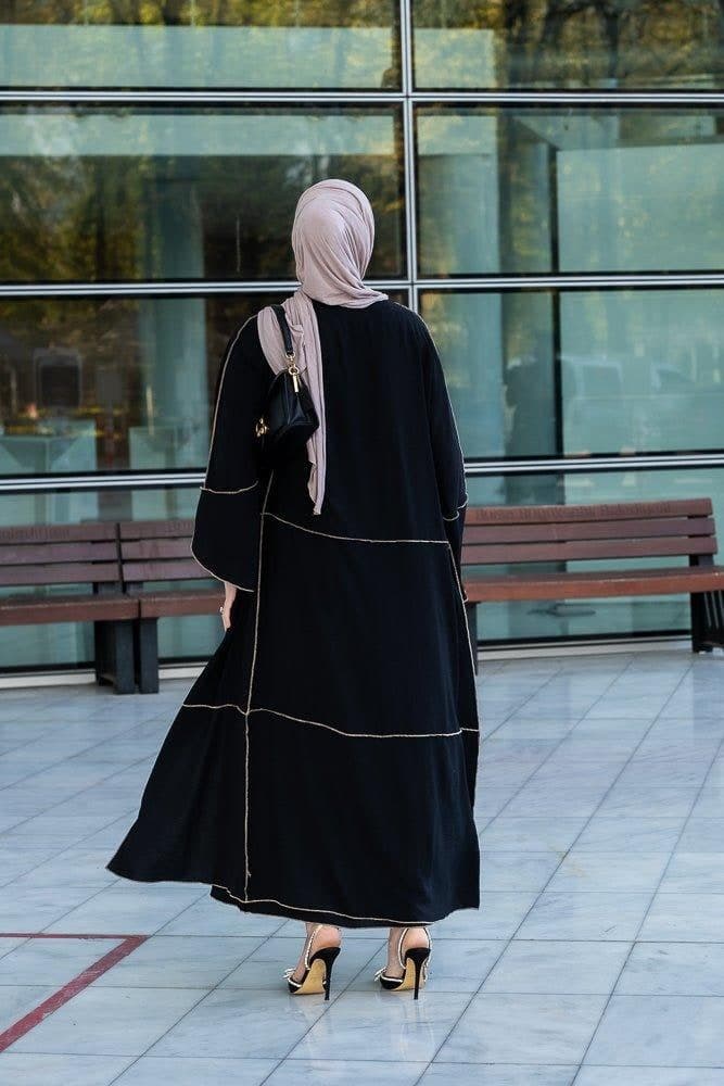 Audria Black Three Piece Lightweight Maxi Abaya with Brown Contrast Piping, view 15