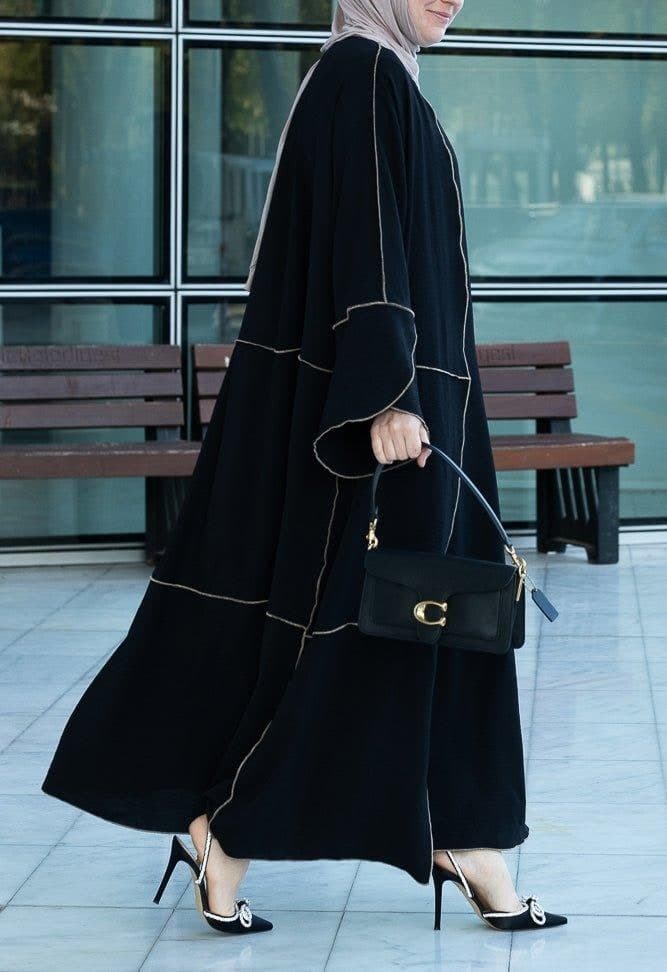 Audria Black Three Piece Lightweight Maxi Abaya with Brown Contrast Piping, view 12
