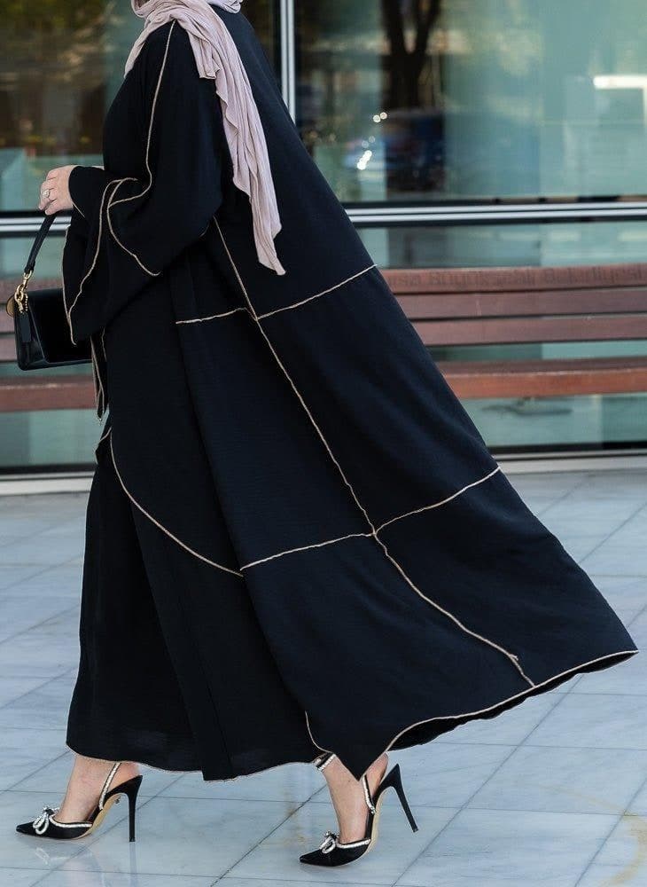 Audria Black Three Piece Lightweight Maxi Abaya with Brown Contrast Piping, view 17