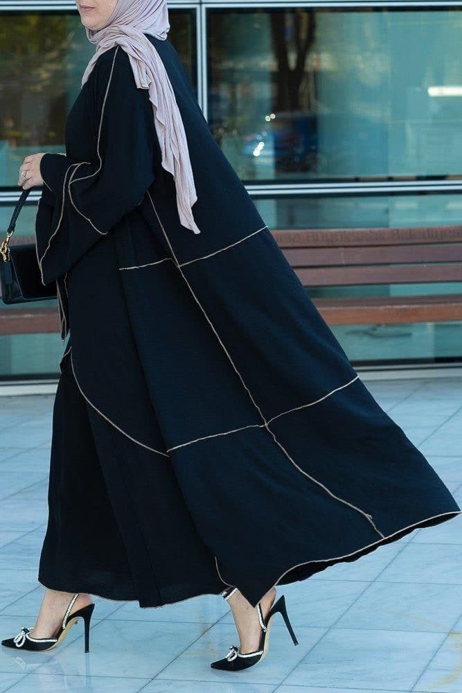 Audria Black Three Piece Lightweight Maxi Abaya with Brown Contrast Piping, view 10