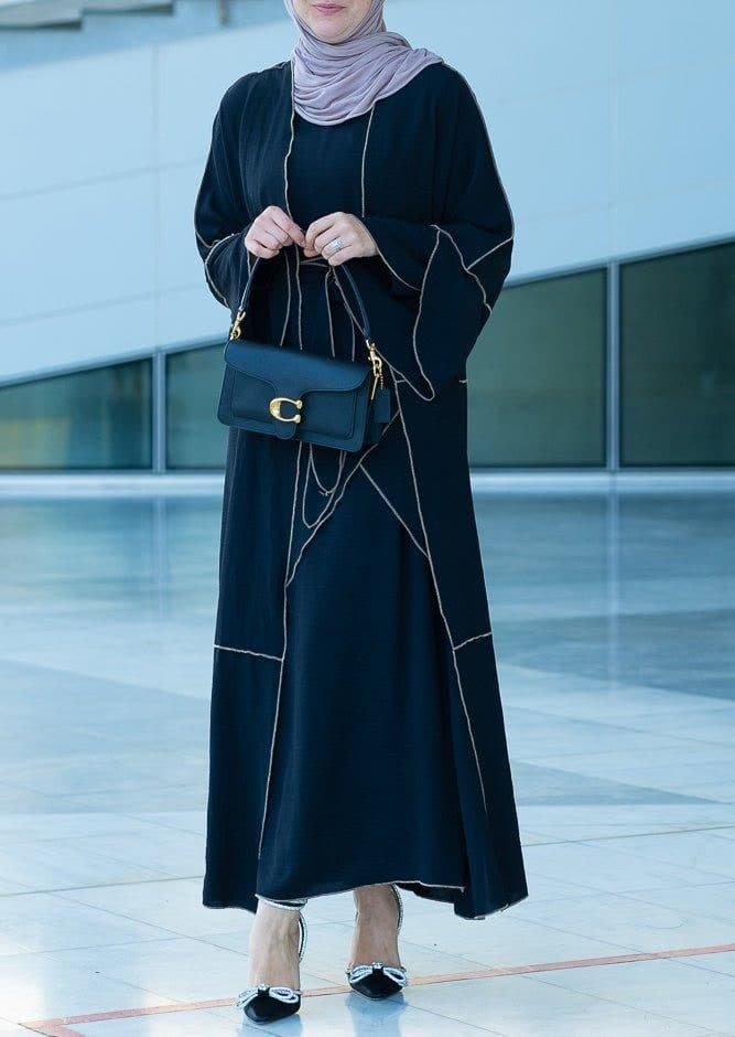 Audria Black Three Piece Lightweight Maxi Abaya with Brown Contrast Piping, view 3