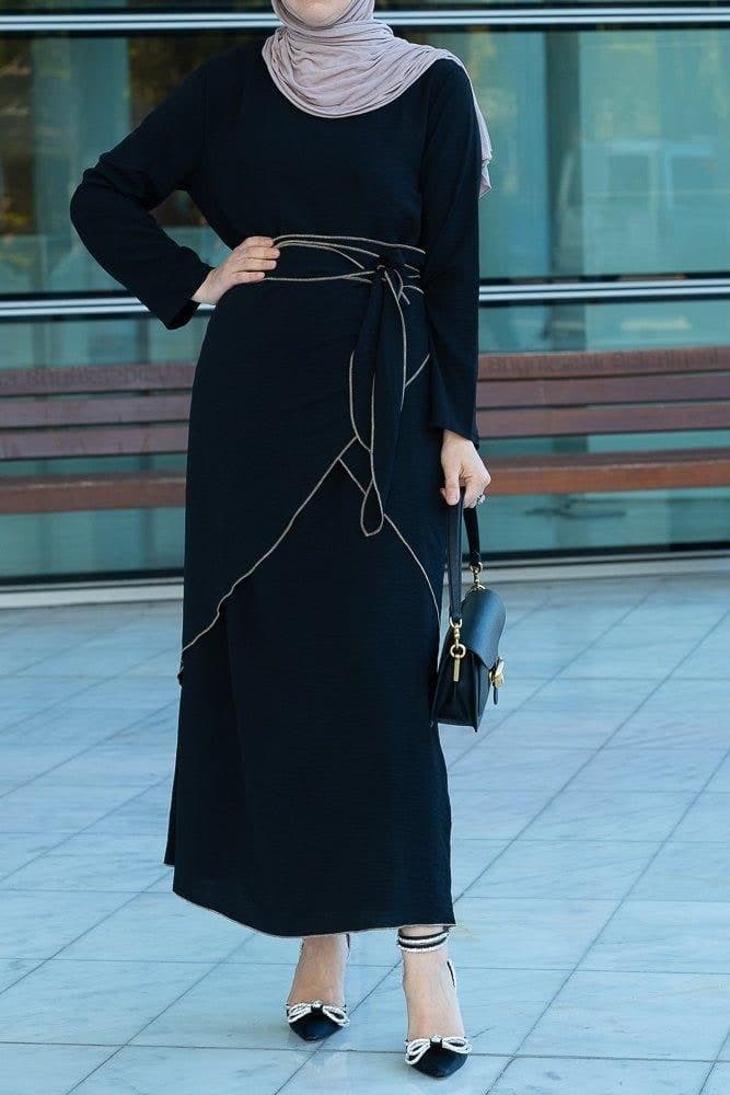 Audria Black Three Piece Lightweight Maxi Abaya with Brown Contrast Piping, view 4