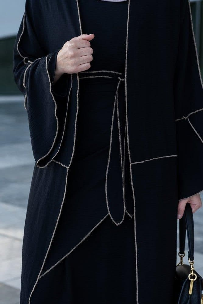 Audria Black Three Piece Lightweight Maxi Abaya with Brown Contrast Piping, view 16