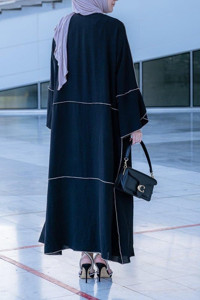 Audria Black Three Piece Lightweight Maxi Abaya with Brown Contrast Piping, view 6