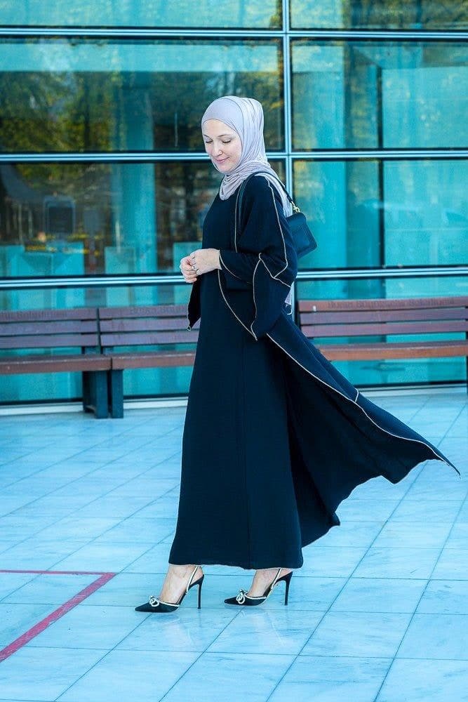 Audria Black Three Piece Lightweight Maxi Abaya with Brown Contrast Piping, view 5