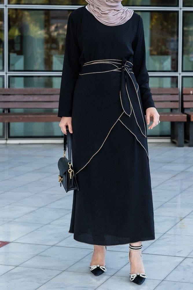 Audria Black Three Piece Lightweight Maxi Abaya with Brown Contrast Piping, view 18