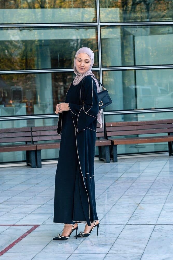 Audria Black Three Piece Lightweight Maxi Abaya with Brown Contrast Piping, view 13