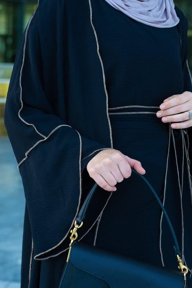 Audria Black Three Piece Lightweight Maxi Abaya with Brown Contrast Piping, view 9