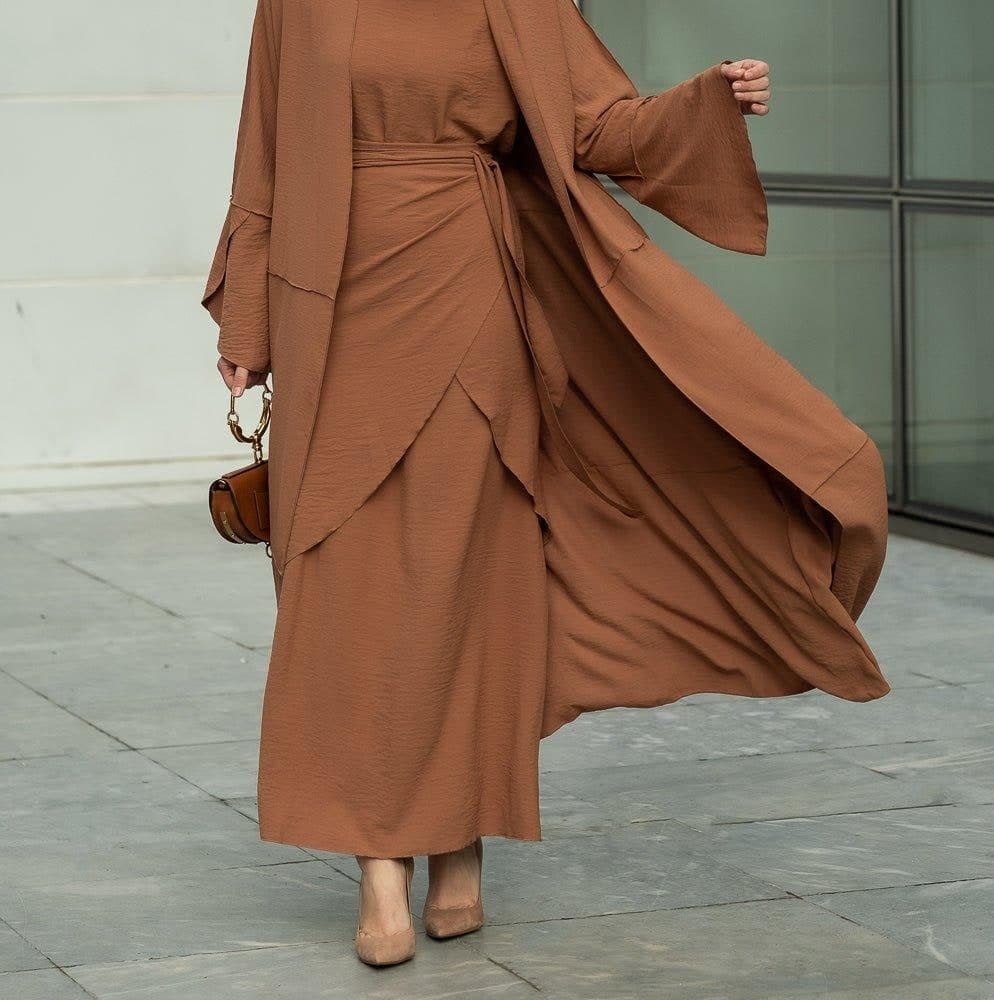 Deluna Three Piece Maxi Lightweight Abaya in Rustic Brown, view 6