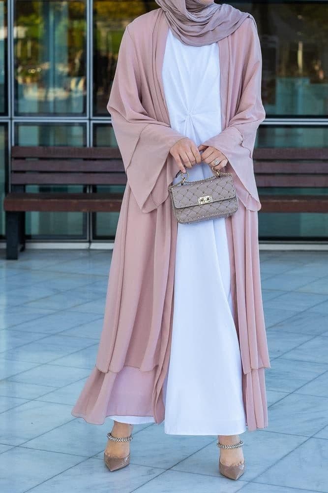 Canddy layered chiffon abaya in blush pink with belt - ANNAH HARIRI