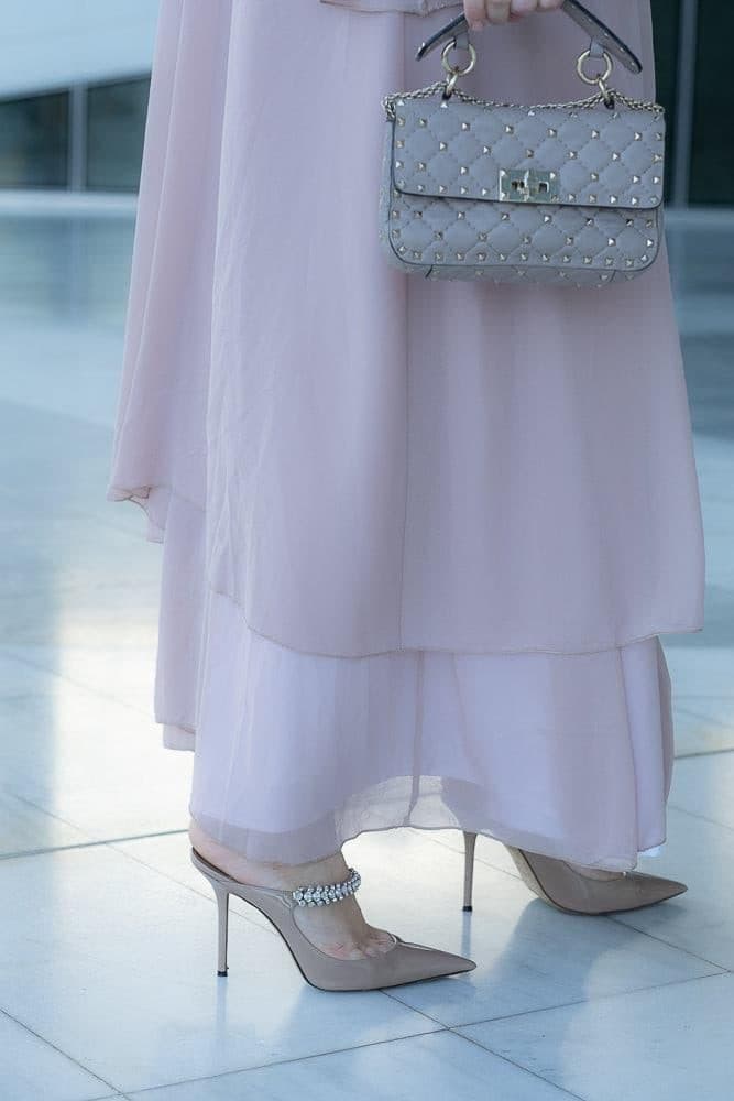 Canddy layered chiffon abaya in blush pink with belt - ANNAH HARIRI