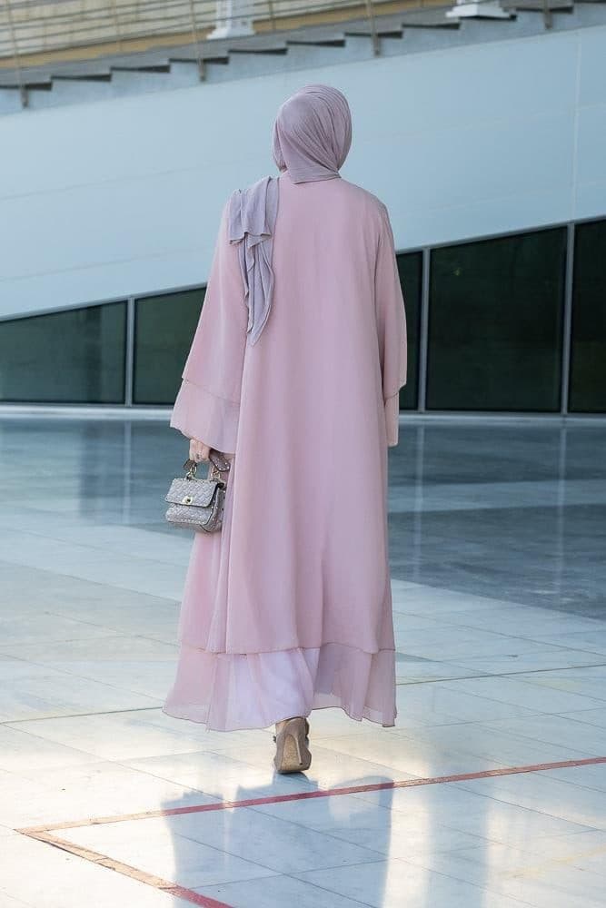 Canddy layered chiffon abaya in blush pink with belt - ANNAH HARIRI