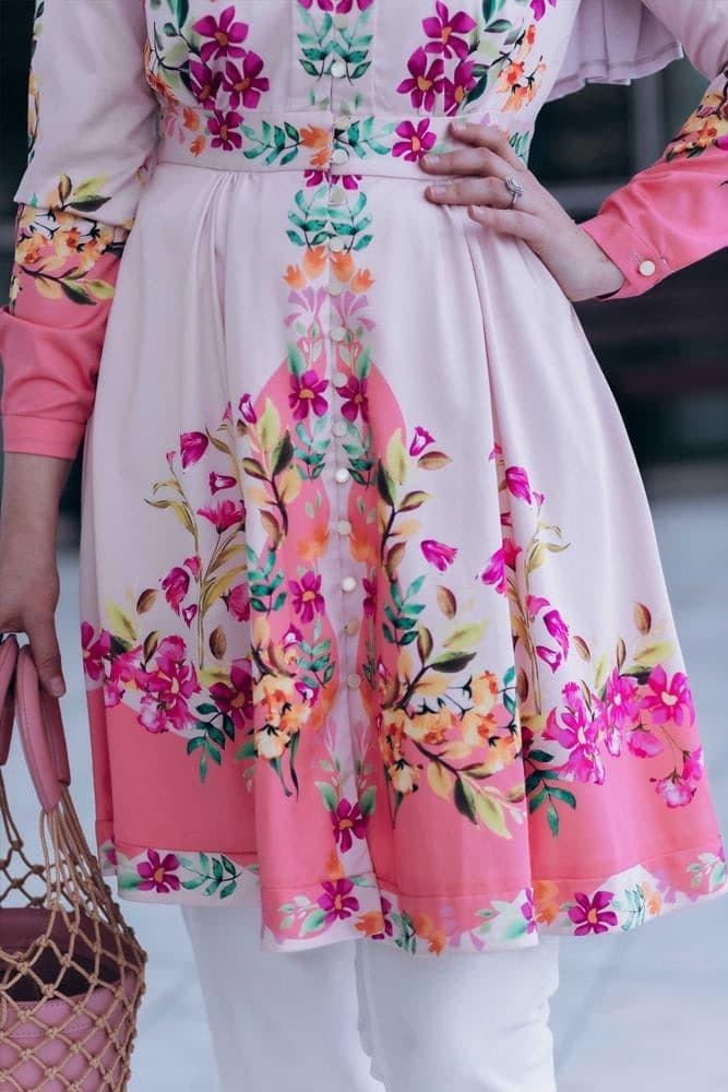 Zumra Tall Tunic Shirt with Ruffles and Long Sleeve in Floral in pink, view 6