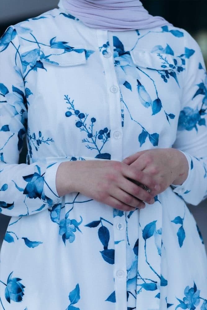 Ocean Maxi Shirt Dress with Front Button Fastening and Pockets in white, view 9