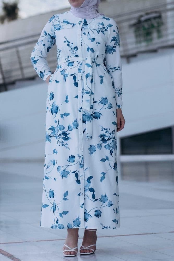 Ocean Maxi Shirt Dress with Front Button Fastening and Pockets in white, view 5