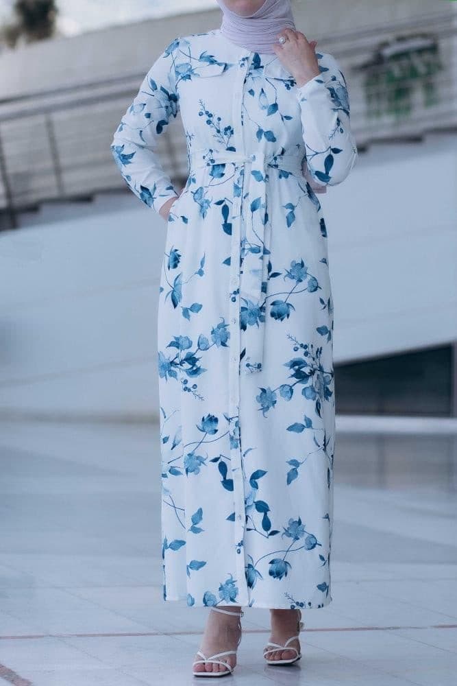 Ocean Maxi Shirt Dress with Front Button Fastening and Pockets in white, view 4