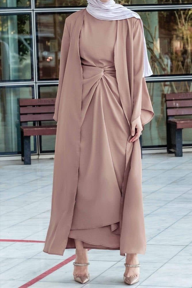 Ellaa 3 Piece Set with Sleevless Dress, Apron and Open Front Abaya in Beige, view 13