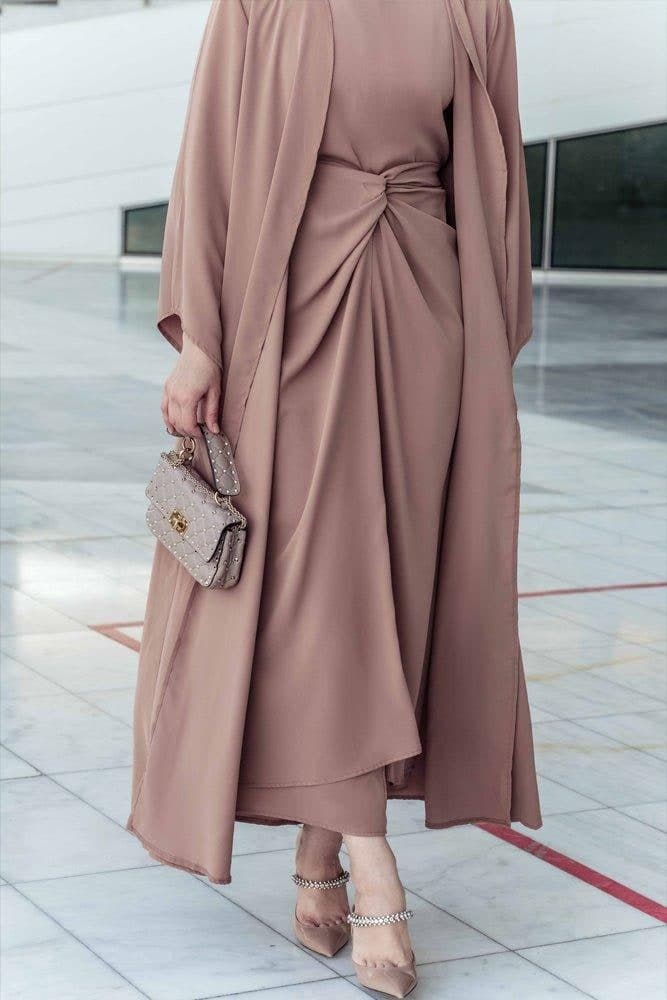 Ellaa 3 Piece Set with Sleevless Dress, Apron and Open Front Abaya in Beige, view 14