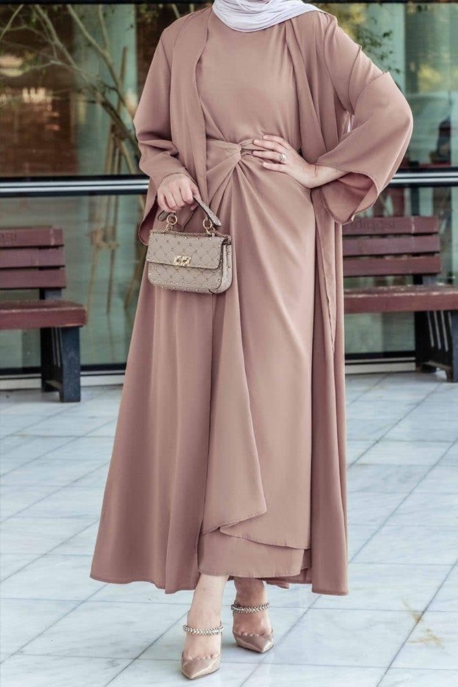 Ellaa 3 Piece Set with Sleevless Dress, Apron and Open Front Abaya in Beige, view 10