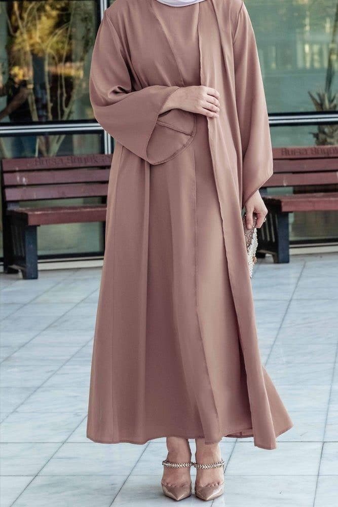 Ellaa 3 Piece Set with Sleevless Dress, Apron and Open Front Abaya in Beige, view 3